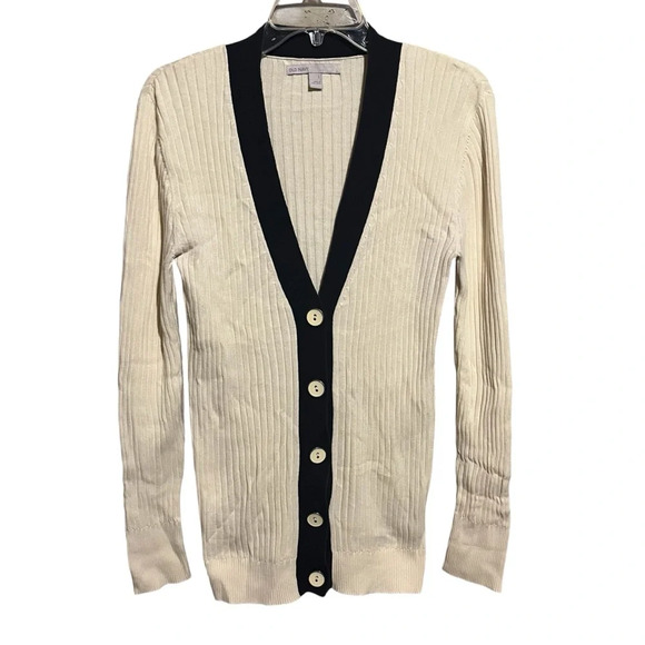Old Navy Size L Beige Navy Grandpa Sweater V Neck Long Cardigan Ribbed Stretch - Picture 1 of 8
